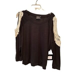 Cliche Blouse Top Women M Black Cold Shoulder Long Sleeve Crew Neck Cotton Blend